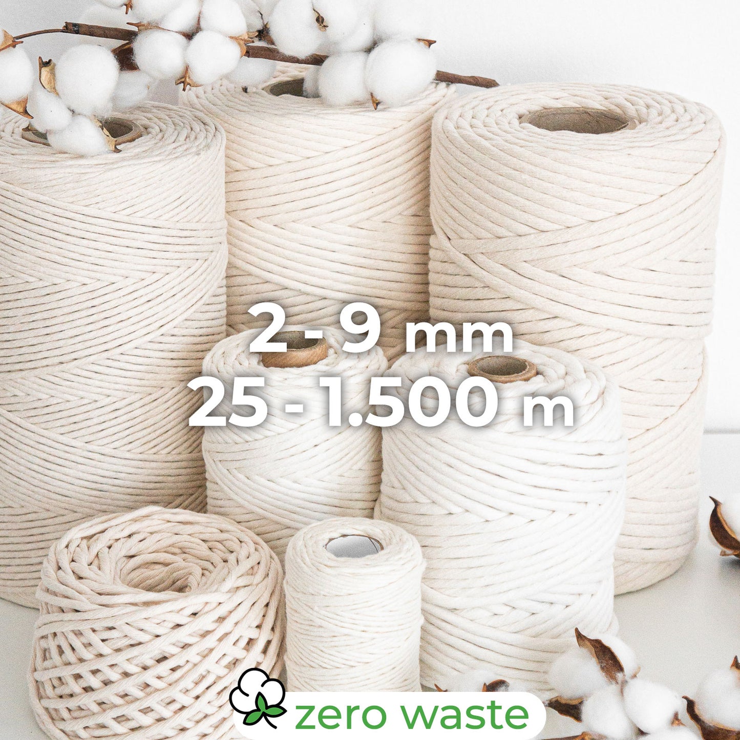 Kamgaren touw (Warp)/NATUURLIJKE kleur/2-9mm/Zero Waste Cotton